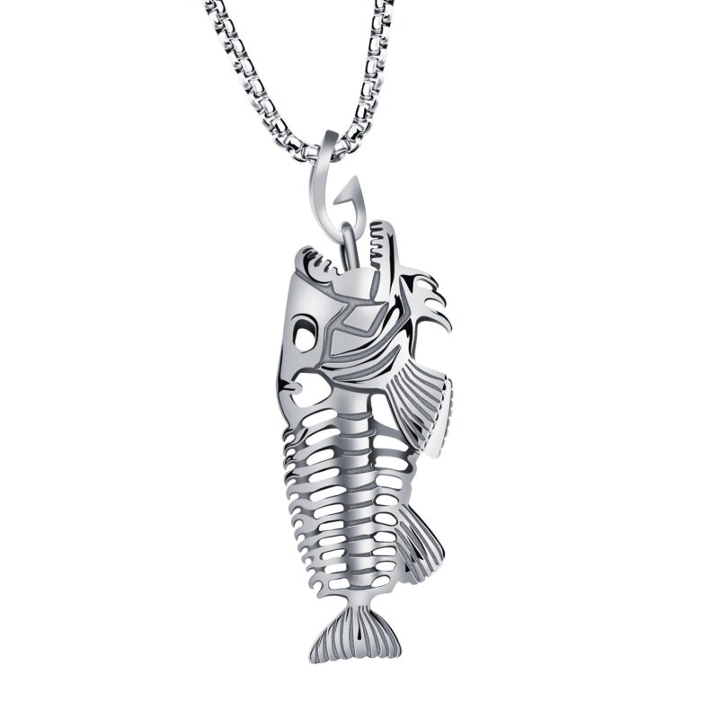 Men silver chain, fish skeleton necklace, fishbone necklace