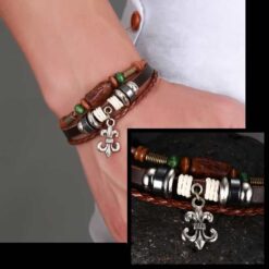 brown leather bracelet for men, fleur de lis charm