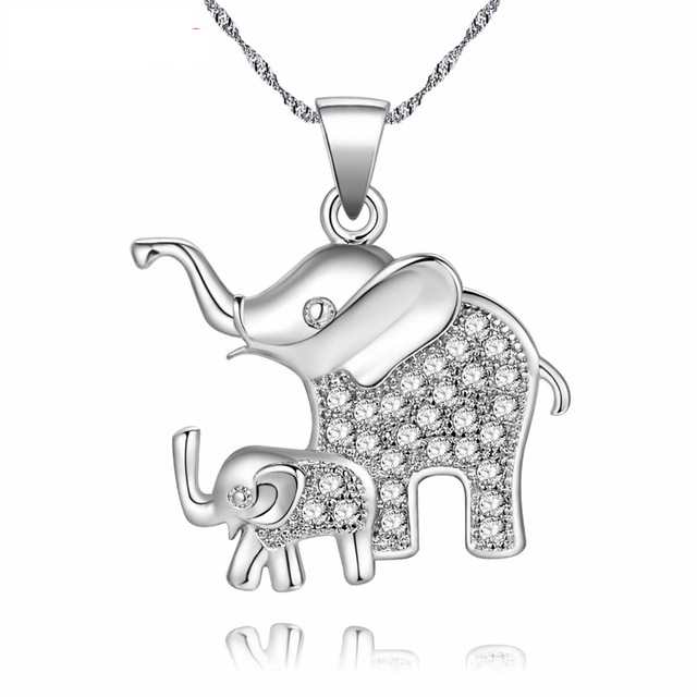 Baby Mom Elephant CZ Charm Pendant Necklace - 925 Sterling Silver Plated