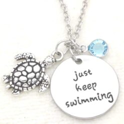 Turtle Pendant Inspirational Necklace Quote- Keep Swimming