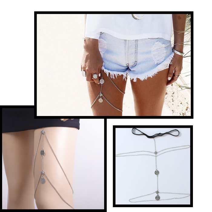 women silver thigh chain beach jewelry street style